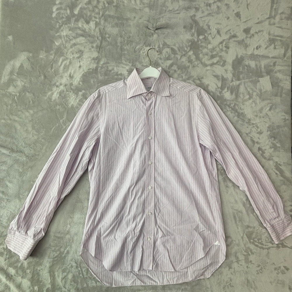 Barba‎ Napoli Mens Striped Dress Shirt Pink Purple White 15.5 39 Hand Finished